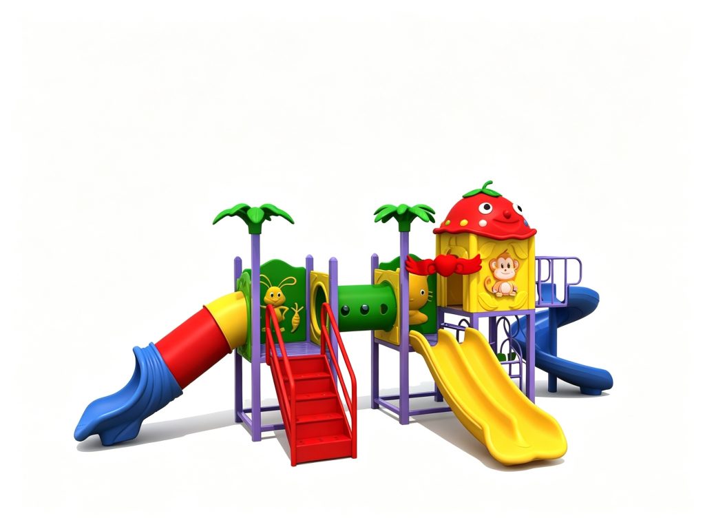 Durable commercial outdoor playground equipment featuring a strawberry-themed playhouse, colorful slides, and animal-themed panels, ideal for kindergartens and daycare centers.