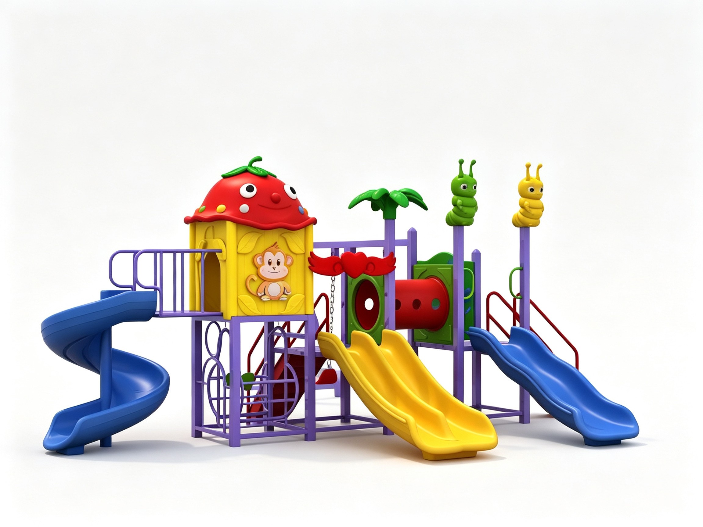 Durable commercial outdoor playground equipment featuring a strawberry-themed playhouse, colorful slides, and animal-themed panels, ideal for kindergartens and daycare centers.
