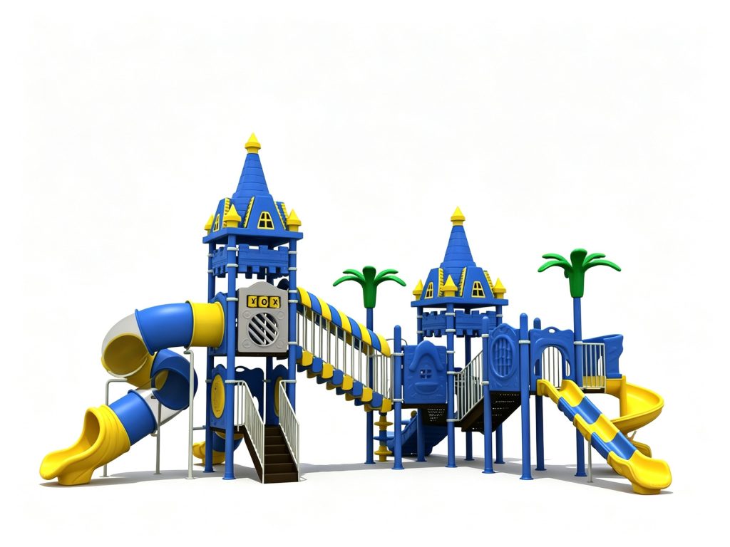 Durable commercial outdoor playground equipment featuring a blue and yellow castle-themed play structure, spiral tube slides, and interactive panels for community parks.