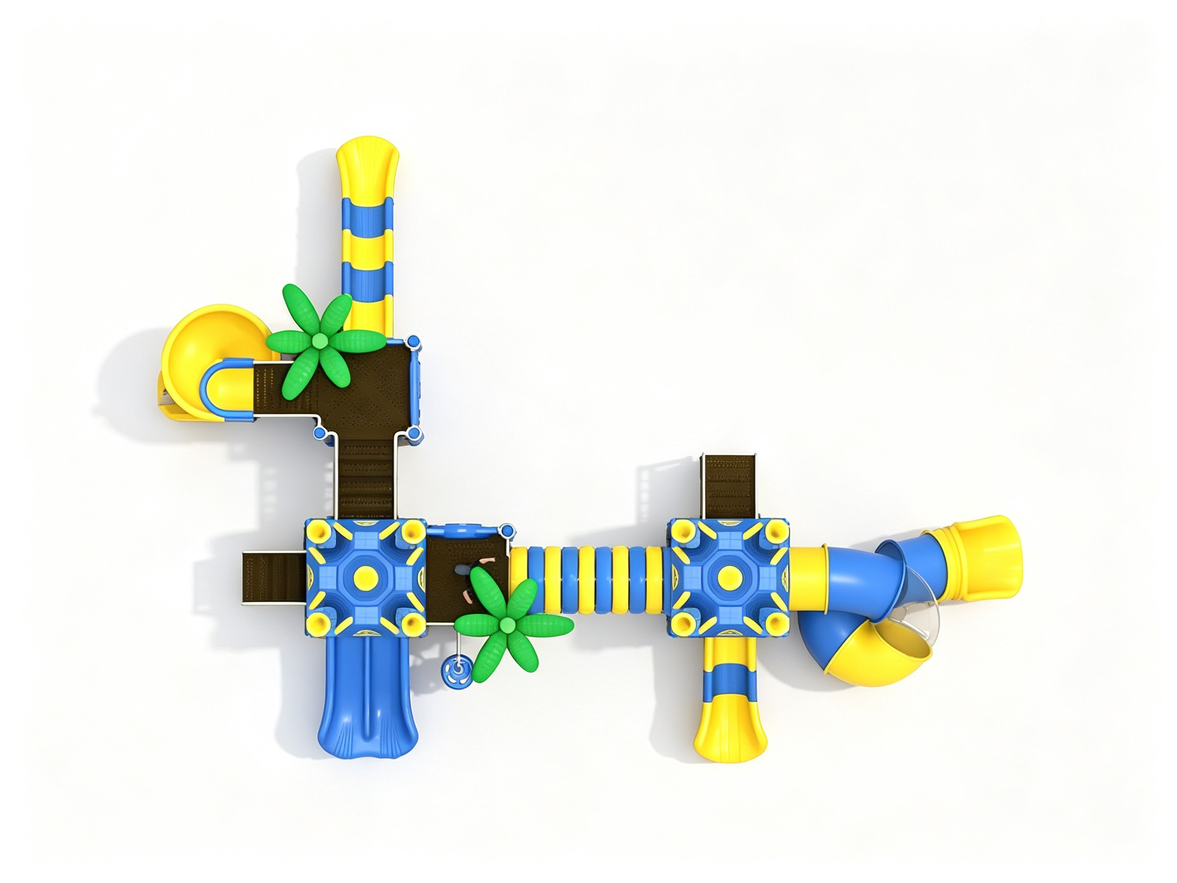 Heavy-duty school playground equipment equipped with a spiral tube slide, secure stairs, and interactive play panels for children.