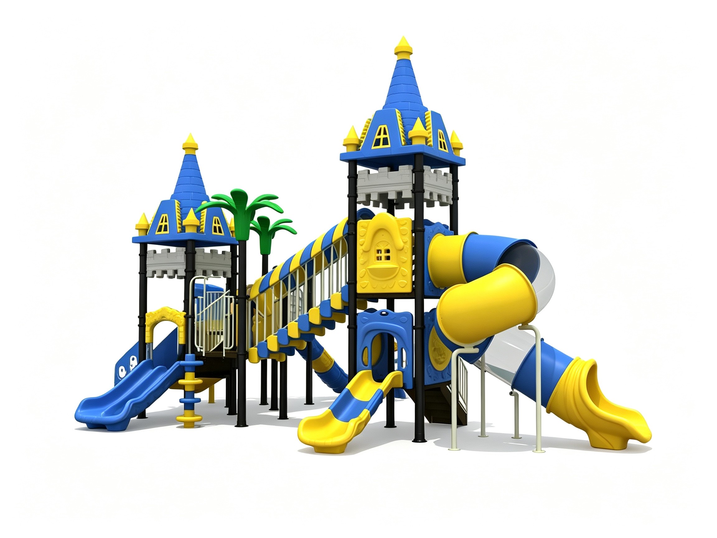 Versatile park playground equipment featuring a castle design, sturdy climbing stairs, and multiple playground slides for outdoor fun.