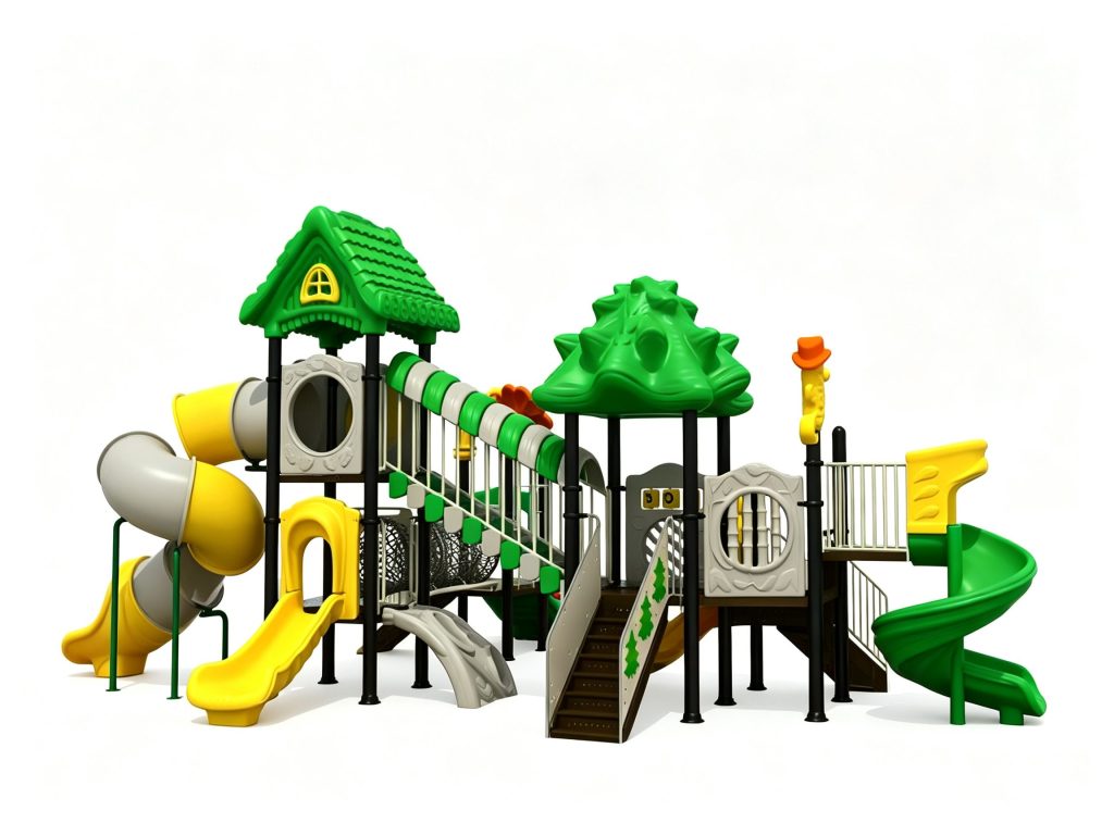 Durable commercial outdoor playground equipment featuring a forest-themed play structure, green tree canopy roofs, yellow spiral tube slides, and interactive panels for community parks.