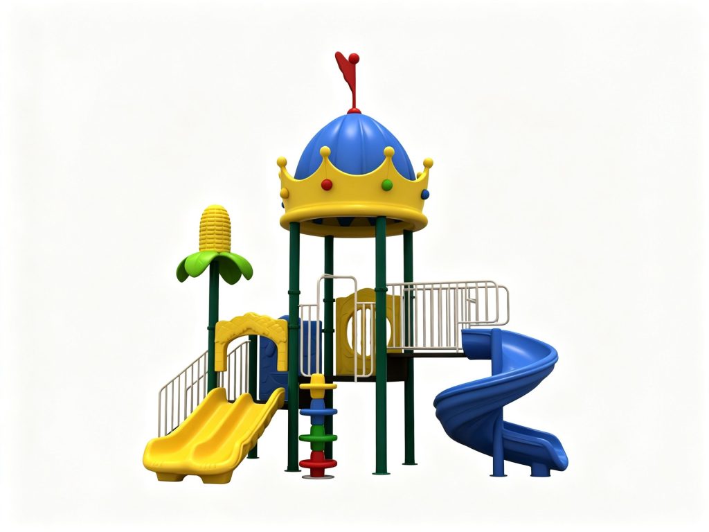 Durable commercial outdoor playground equipment featuring a colorful crown-themed roof, a blue spiral slide, and a yellow double slide for community parks and kindergartens.