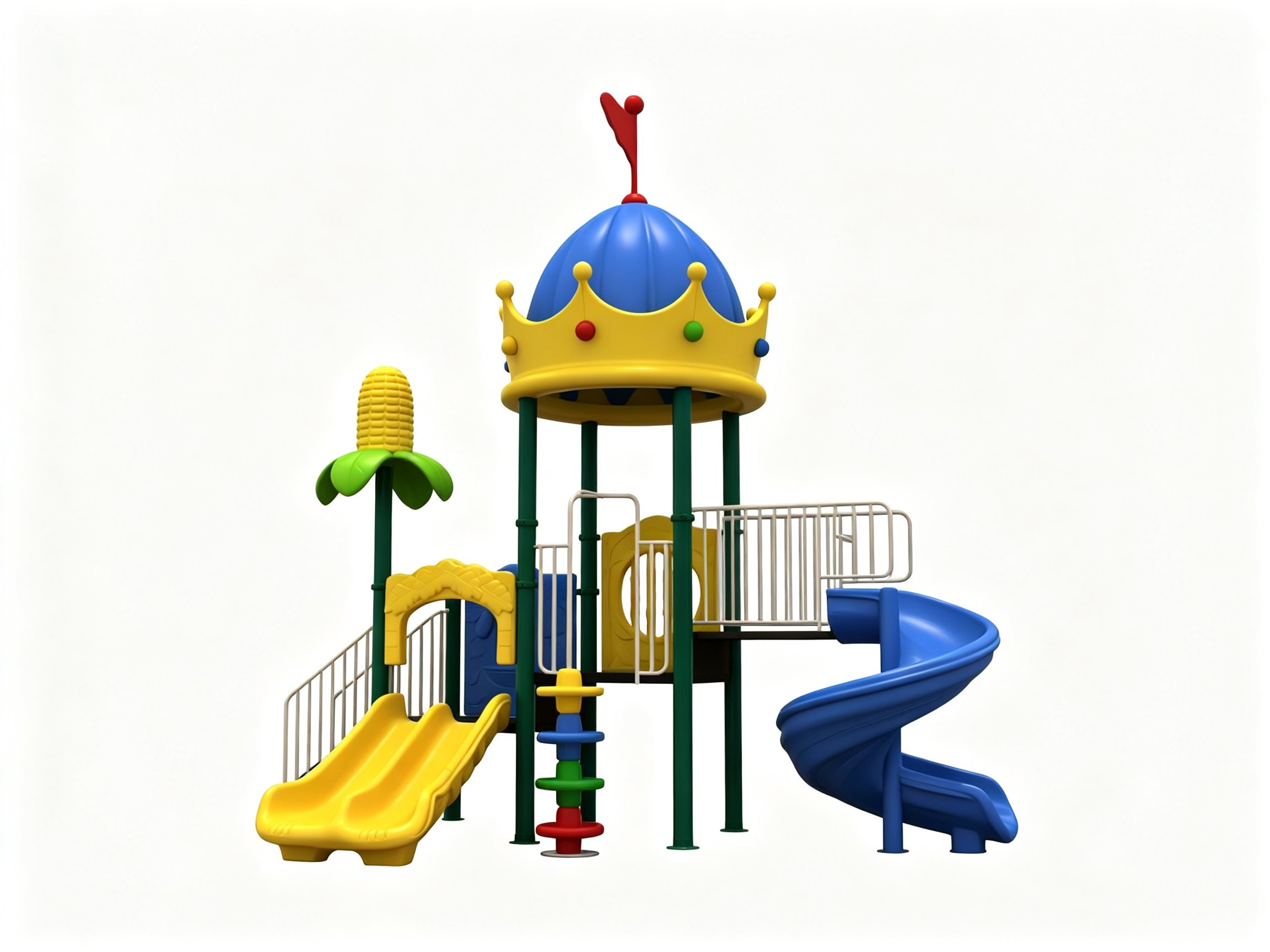 Durable commercial outdoor playground equipment featuring a colorful crown-themed roof, a blue spiral slide, and a yellow double slide for community parks and kindergartens.