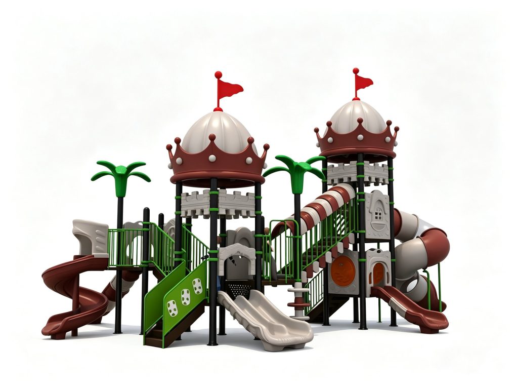 Durable commercial outdoor playground equipment featuring a red and grey castle-themed play structure with crown roofs, spiral tube slides, and green palm tree accents for community parks and resorts.