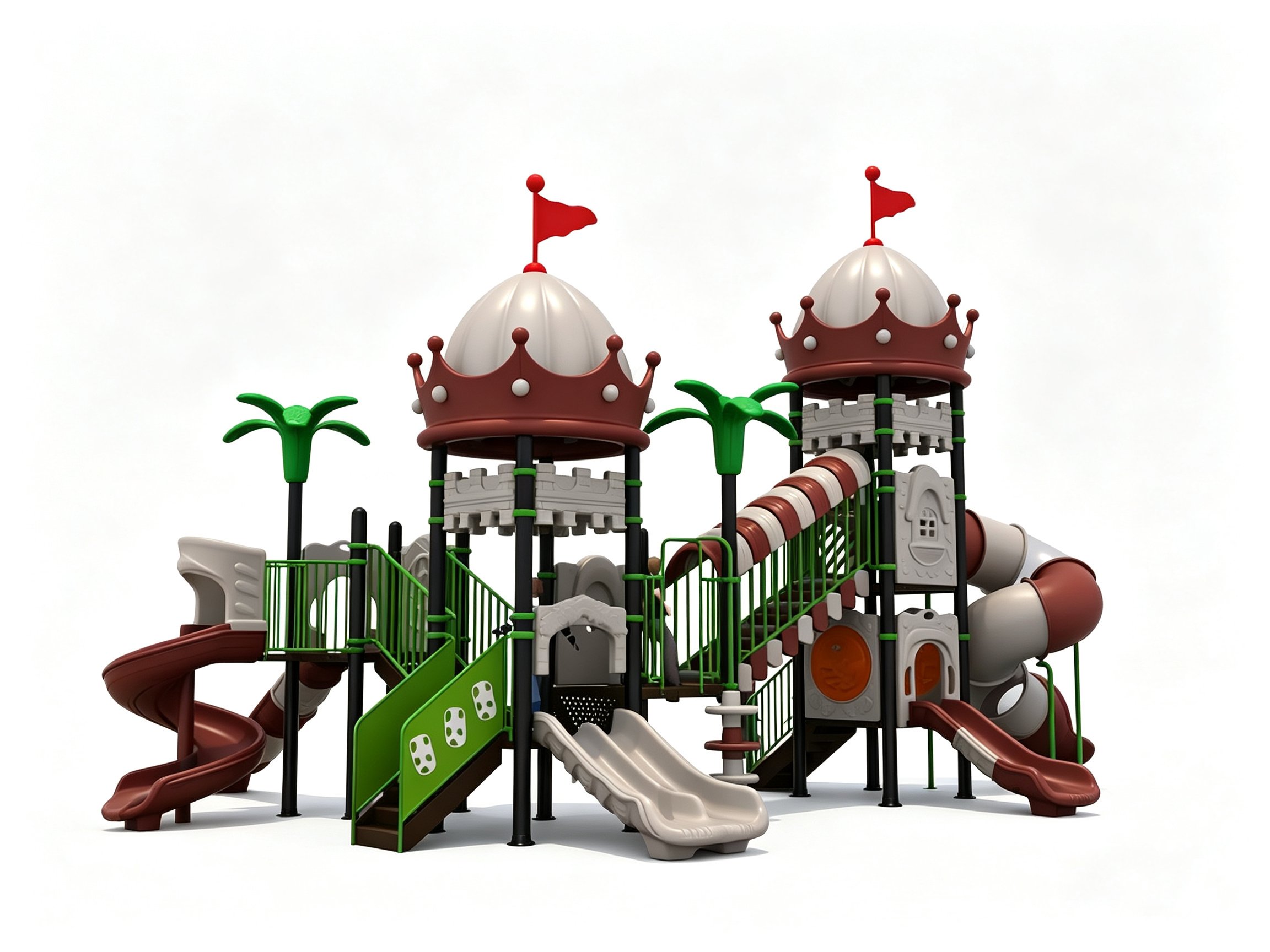 Durable commercial outdoor playground equipment featuring a red and grey castle-themed play structure with crown roofs, spiral tube slides, and green palm tree accents for community parks and resorts.