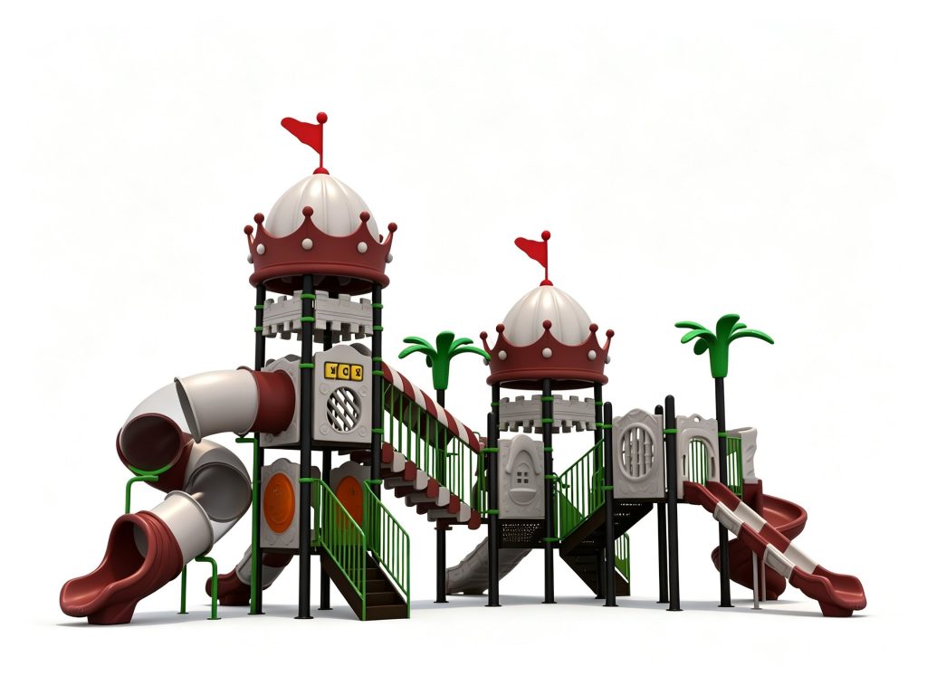 Versatile park playground equipment featuring a majestic castle design, robust climbing stairs, and multiple outdoor slides for endless outdoor fun.