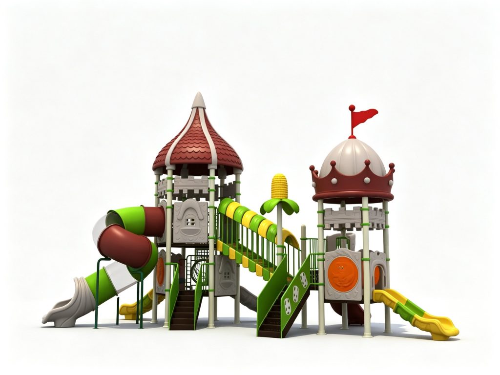 Durable commercial outdoor playground equipment featuring dual castle towers with red crown and pointed roofs, green and red spiral tube slides, and a corn-themed accent for community parks and kindergartens.