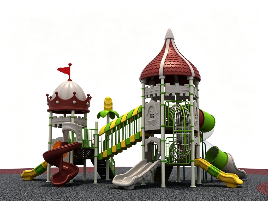 Versatile park playground equipment featuring a whimsical castle design, robust climbing stairs, and multiple playground slides for outdoor fun.