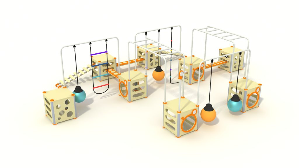 Modular playground climbing structure featuring interconnected cubes and overhead bars for active kids.