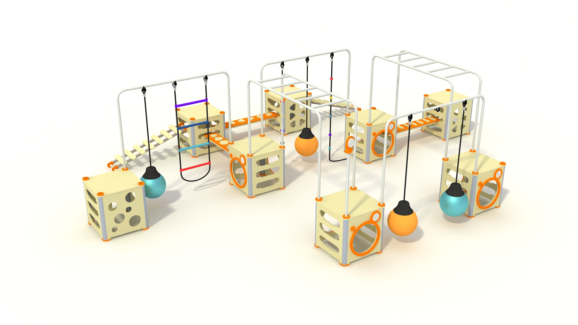 Modular playground climbing structure featuring interconnected cubes and overhead bars for active kids.