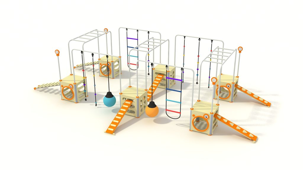 Modular playground system featuring interconnected cubes, climbing ramps, and overhead bars.