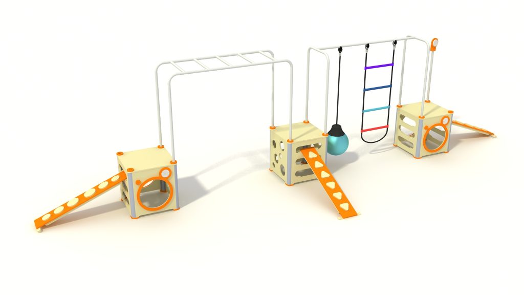 Modular playground system featuring interconnected cubes, climbing ramps, and overhead bars.