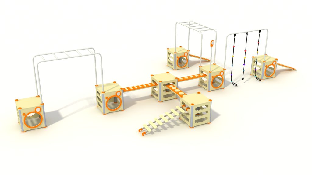 Customizable modular playground system featuring interconnected cubes and balance bridges for active play.