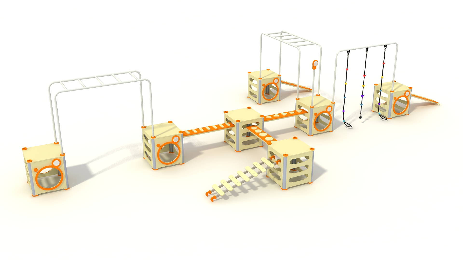 Customizable modular playground system featuring interconnected cubes and balance bridges for active play.