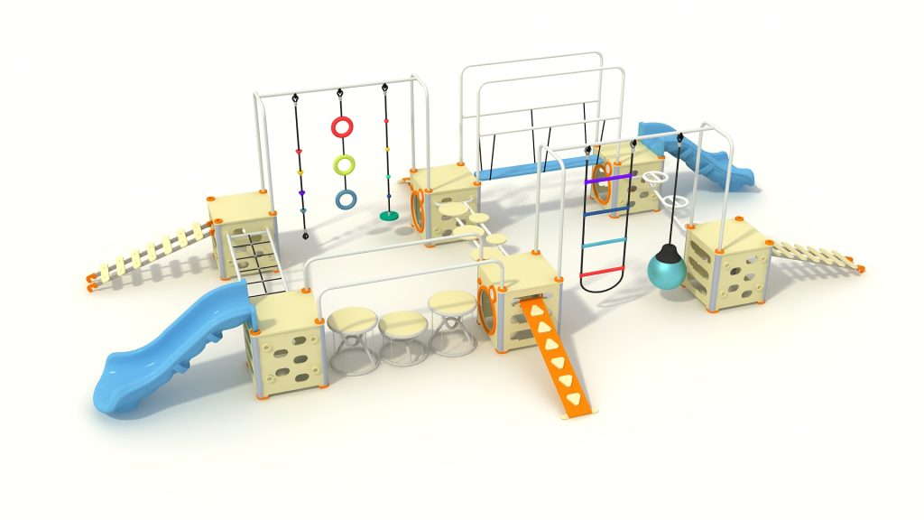 Customizable modular playground system featuring interconnected cubes, slides, and balance pods for active play.