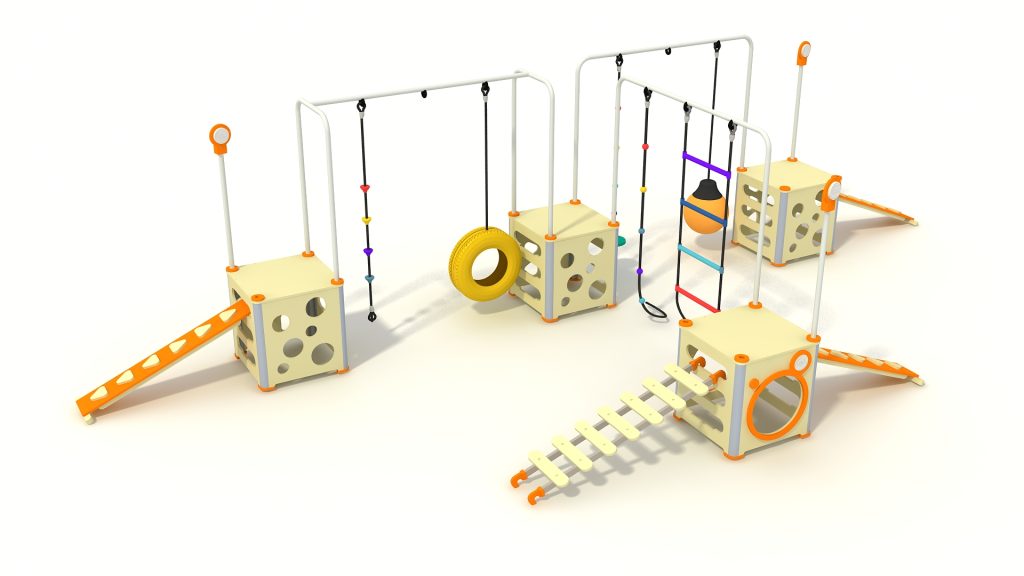 Customizable modular playground system featuring structural cubes, climbing ramps, and hanging elements for active play.