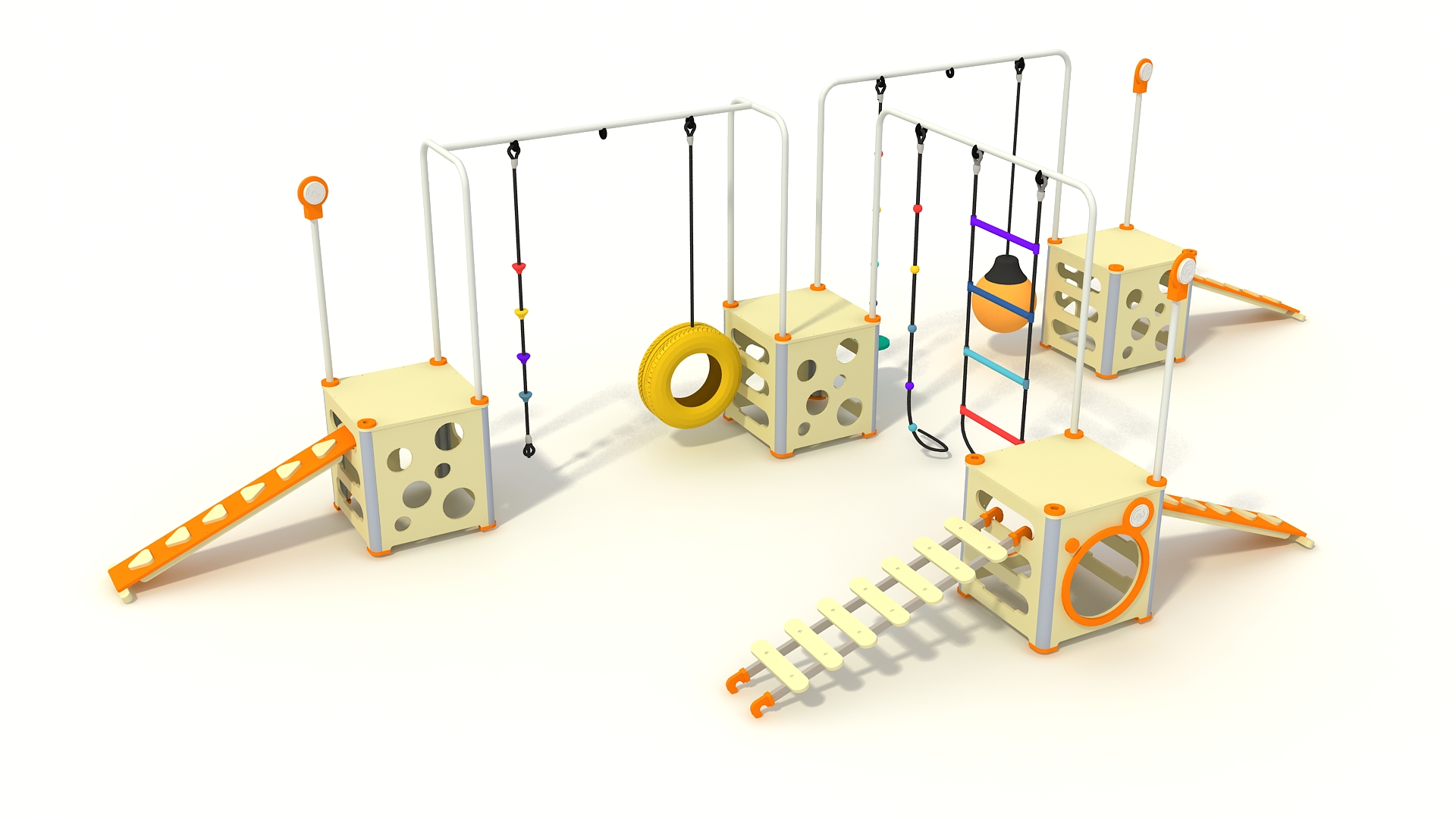 Customizable modular playground system featuring structural cubes, climbing ramps, and hanging elements for active play.