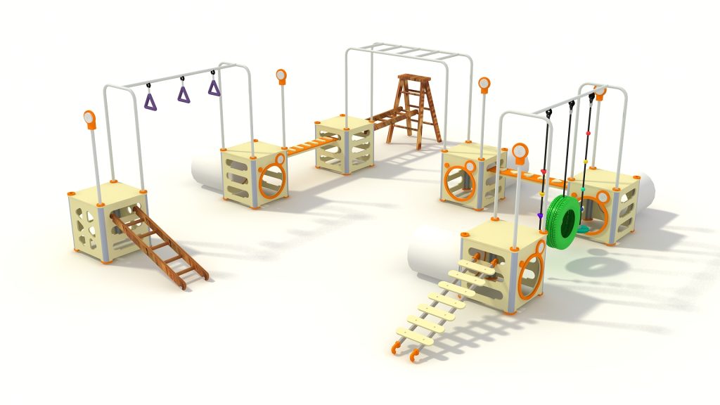 Customizable modular playground system featuring structural cubes, climbing ladders, and balance bridges for active play.