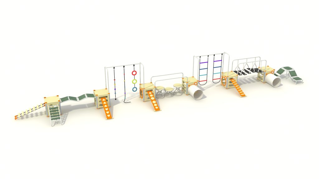 Customizable linear modular playground system featuring connected structural cubes, climbing ramps, and crawl tunnels for active play.