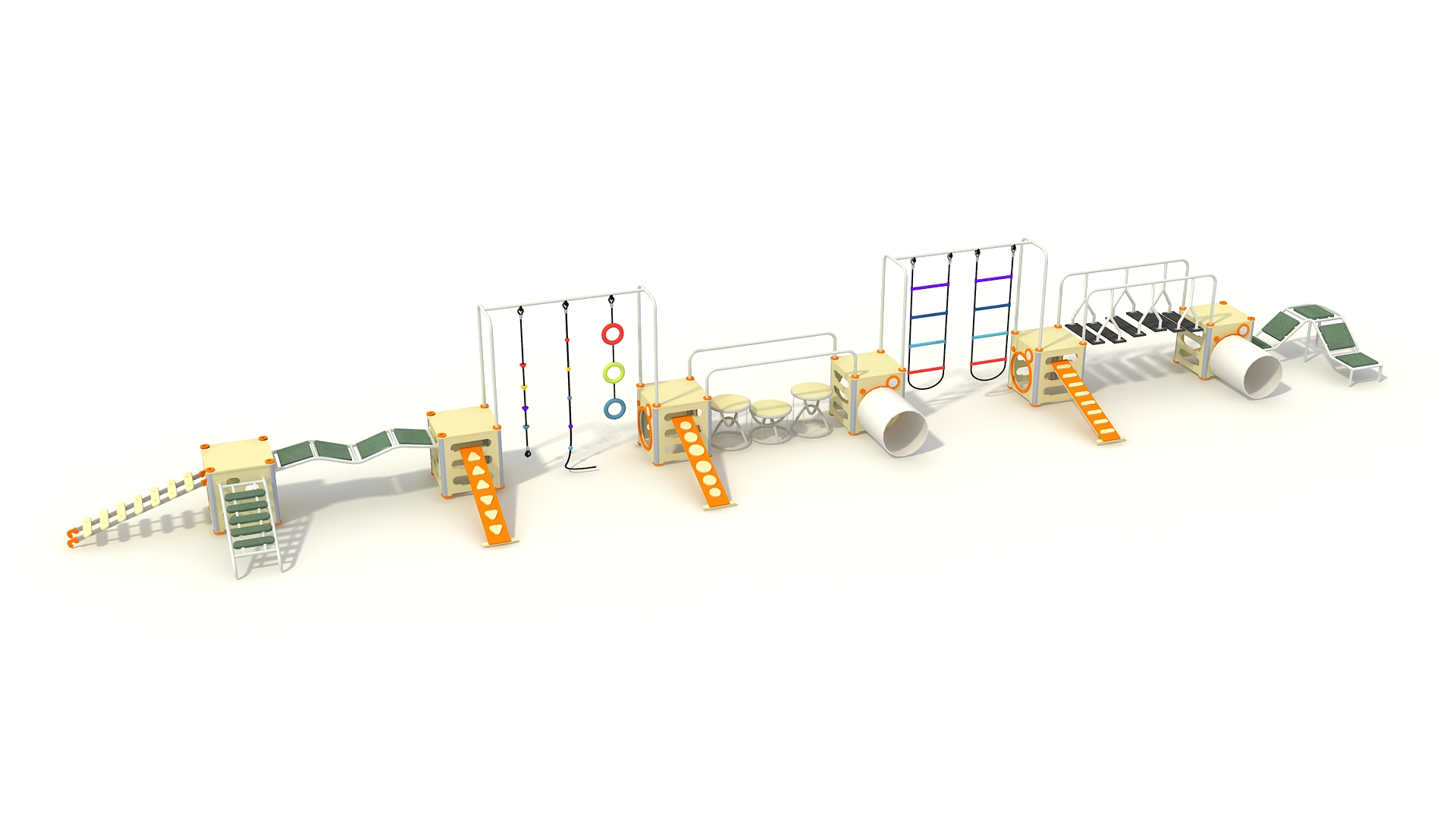 Customizable linear modular playground system featuring connected structural cubes, climbing ramps, and crawl tunnels for active play.