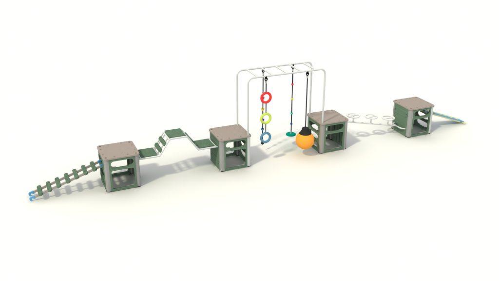 Customizable linear modular playground system featuring connected structural cubes, climbing steps, and balance paths for active play.