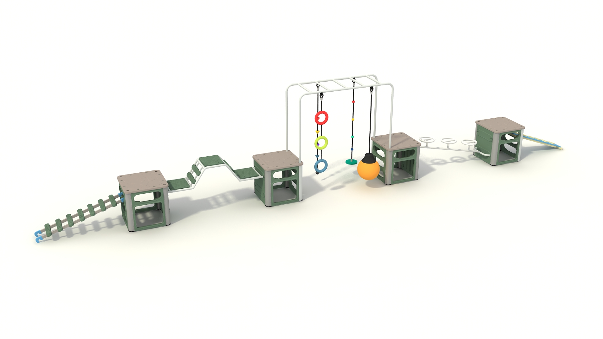 Customizable linear modular playground system featuring connected structural cubes, climbing steps, and balance paths for active play.