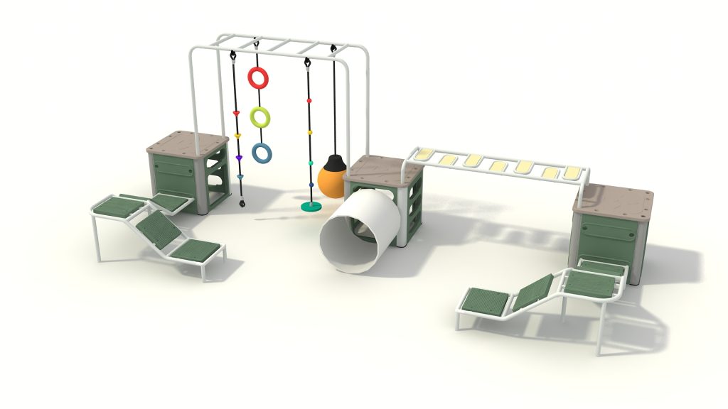 Modular playground climbing structure featuring galvanized steel frames, a central crawl tunnel, and heavy-duty suspension rings.