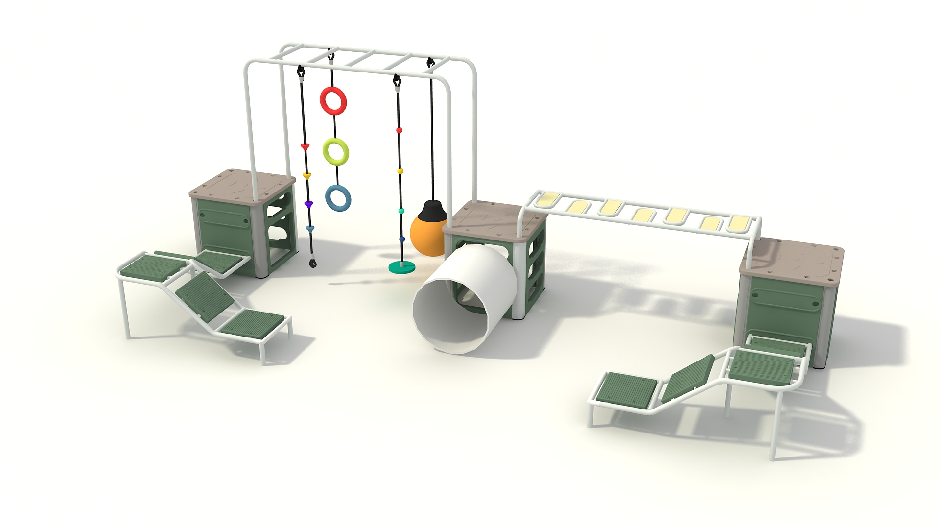 Modular playground climbing structure featuring galvanized steel frames, a central crawl tunnel, and heavy-duty suspension rings.