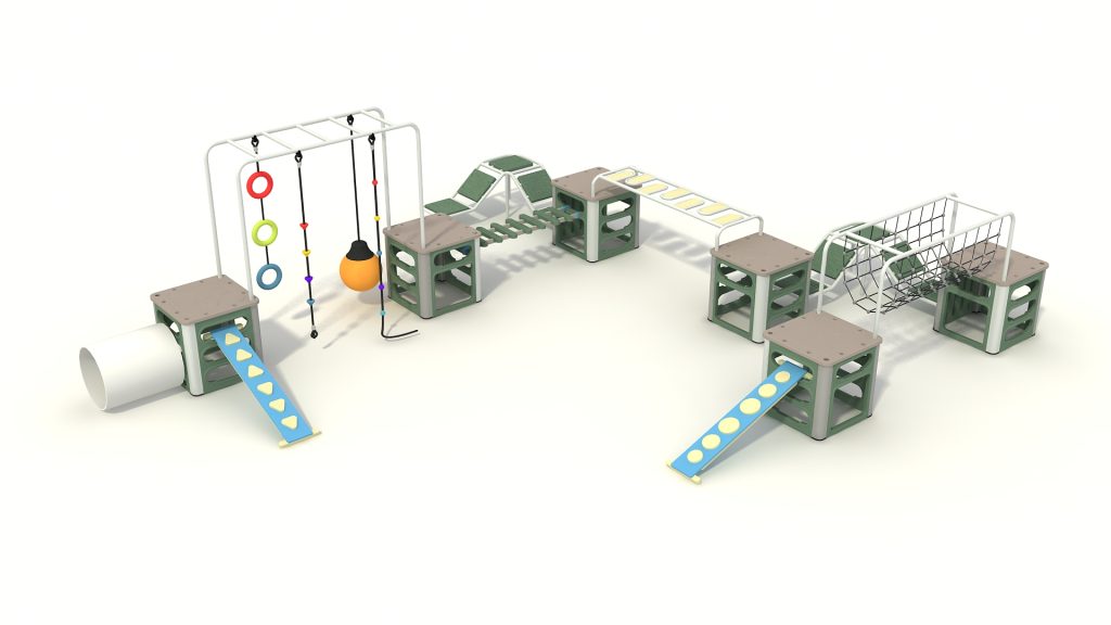 Commercial heavy-duty play equipment featuring structural cubic hubs, galvanized steel frames, and a heavy-duty rope climbing net bridge.