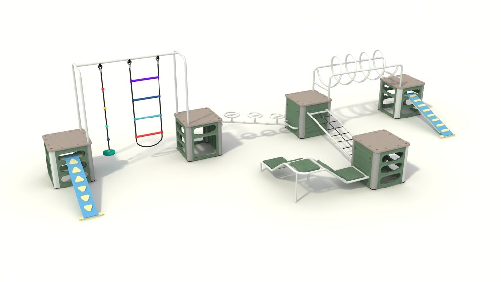 Commercial heavy-duty play equipment featuring modular structural cubic blocks, a curved overhead arch ladder, and galvanized steel frames.