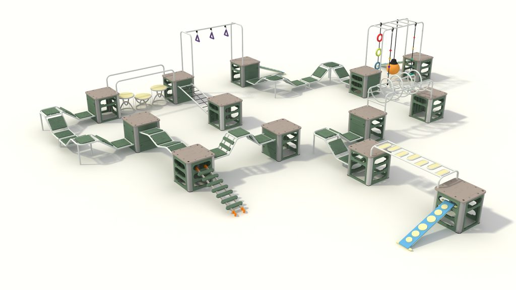Gross motor play structures designed to foster balance, coordination, and cooperative navigation through open-ended play pathways.