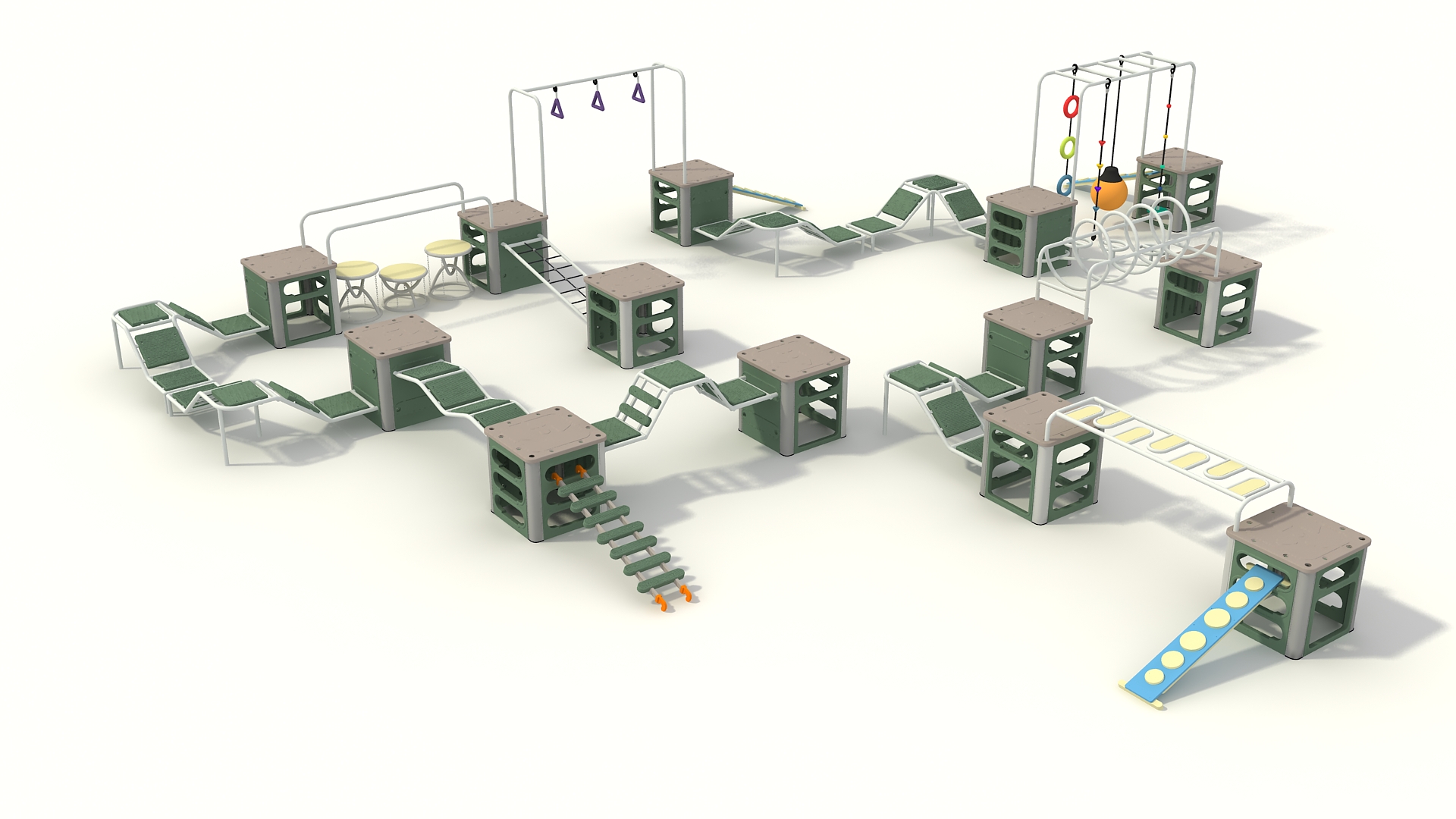 Gross motor play structures designed to foster balance, coordination, and cooperative navigation through open-ended play pathways.