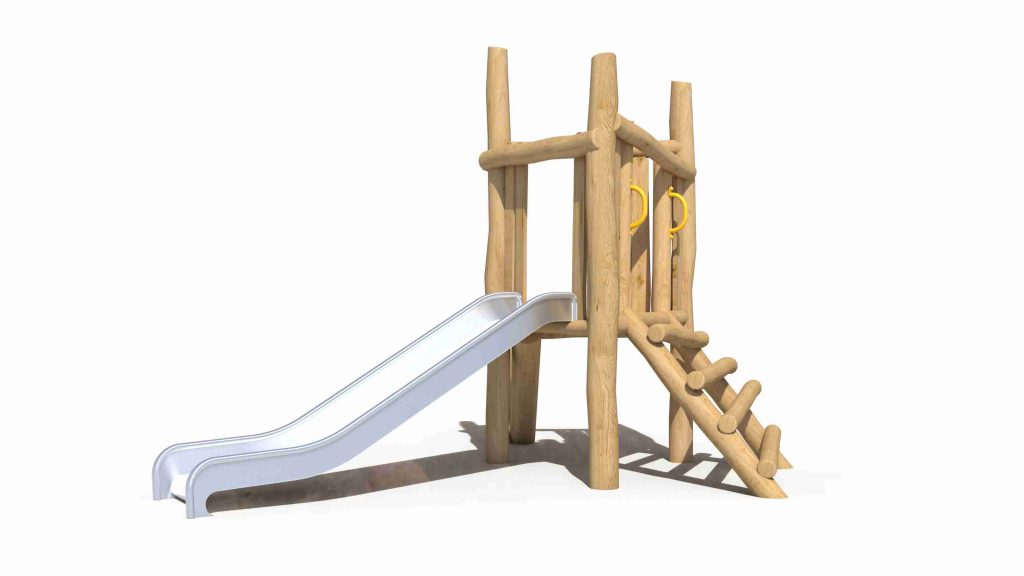 Robinia wood playground equipment featuring a rustic log climbing ladder and slide for natural play.