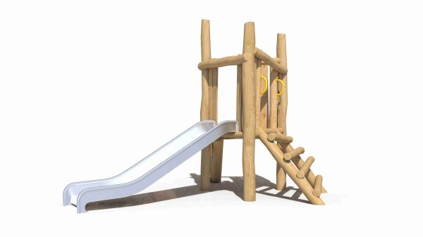 Robinia wood playground equipment featuring a rustic log climbing ladder and slide for natural play.