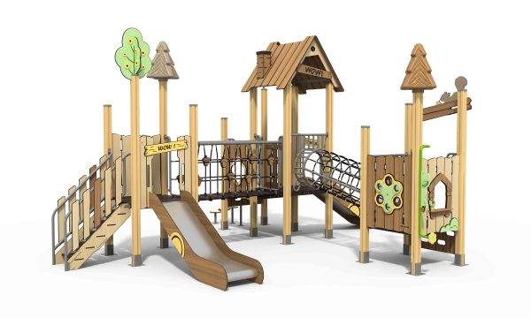 Multi-level commercial playground equipment built with HPL panels and climbing tunnels.