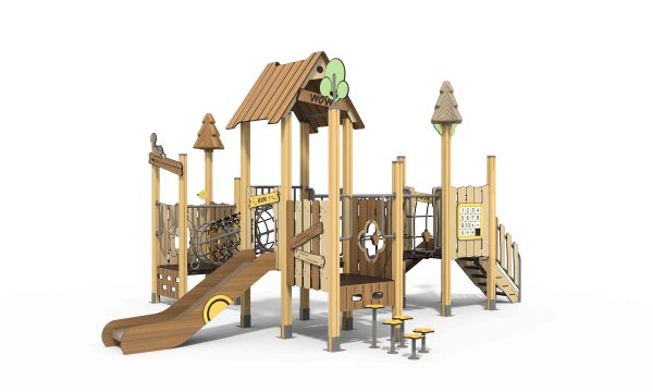 Nature-inspired playground structure featuring woodland elements and interconnected play towers.