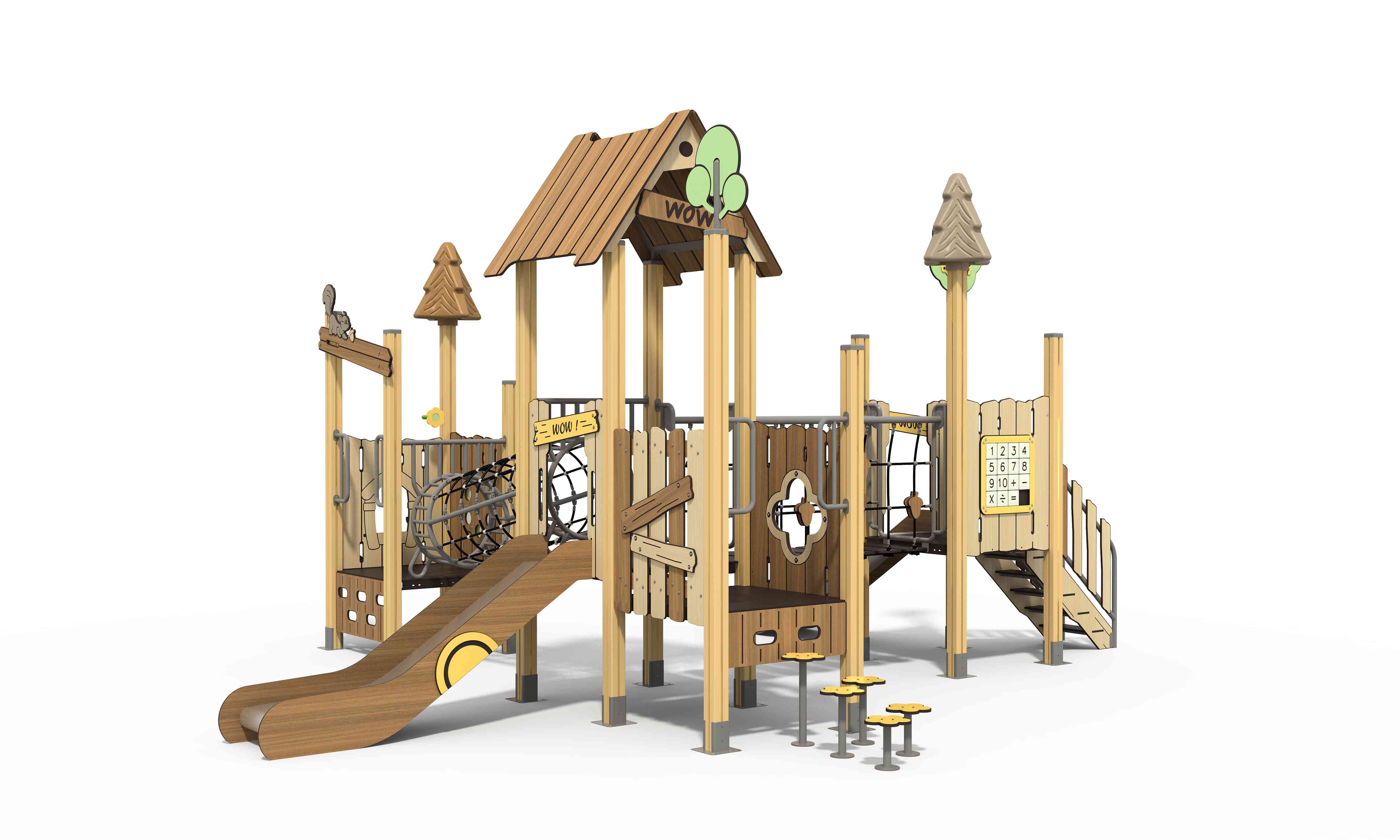 Nature-inspired playground structure featuring woodland elements and interconnected play towers.