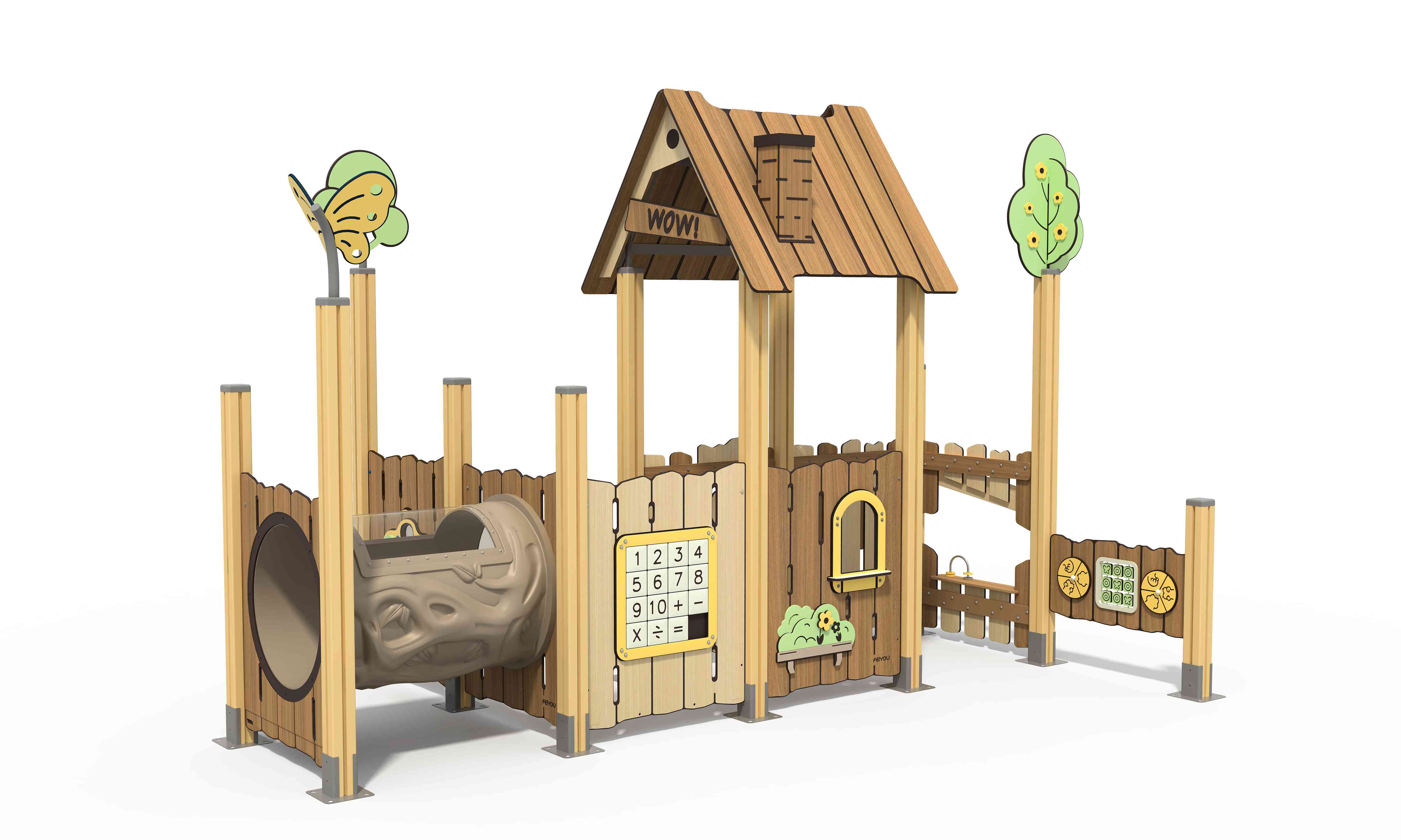 nteractive HPL play cabin with sensory panels and crawl tunnel for nature-inspired play.
