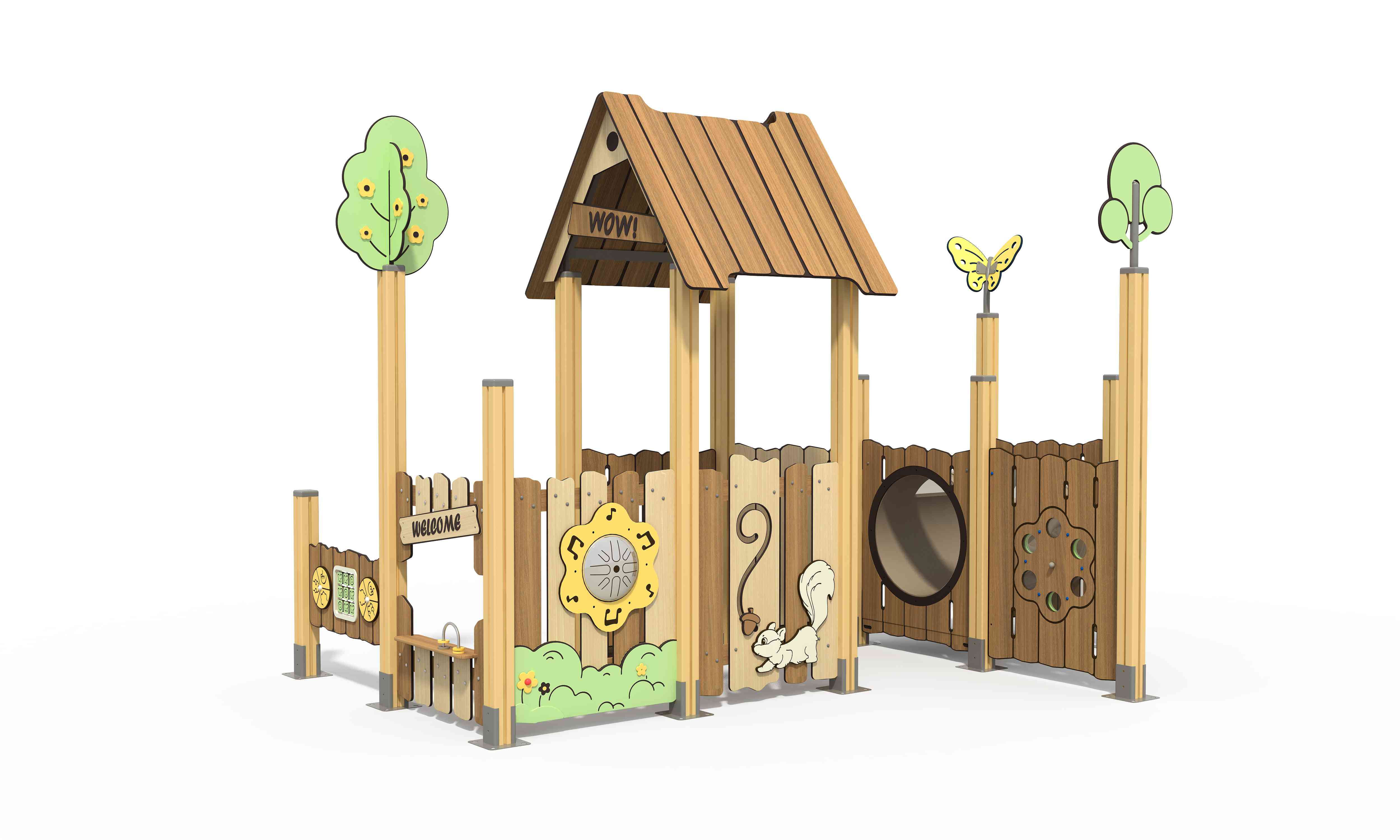 Durable compact laminate playground equipment featuring woodland-themed nature play designs.