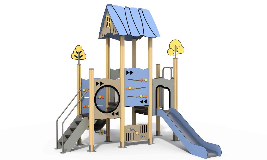 Interactive HPL play cabin with sensory panels and crawl tunnel for nature-inspired play.