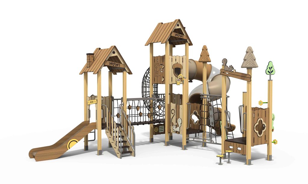 Multi-tower HPL outdoor playground structure with durable panels and tube slides.