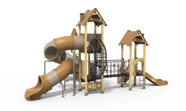 Nature-inspired playground equipment featuring woodland elements and connecting bridge.
