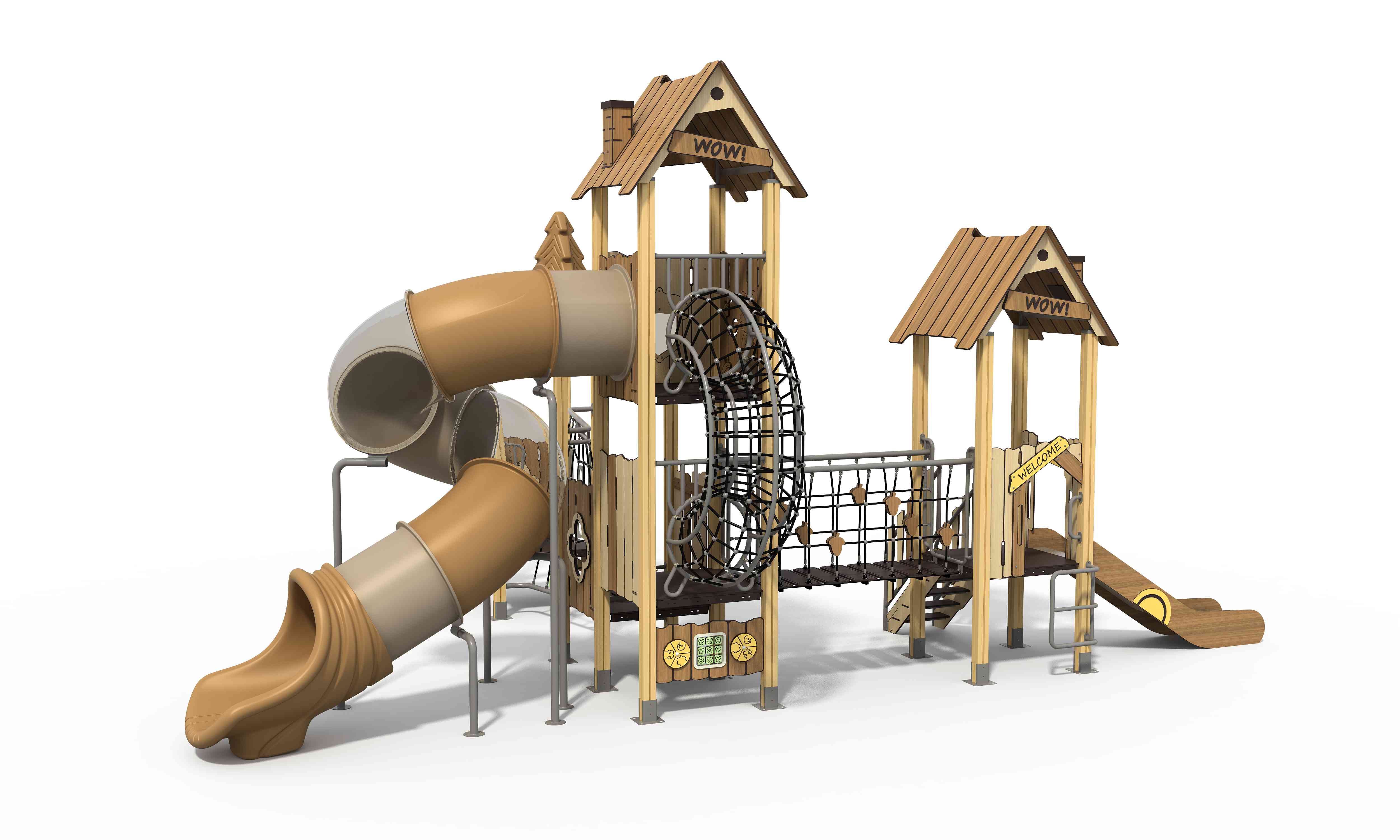 Nature-inspired playground equipment featuring woodland elements and connecting bridge.