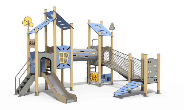 Multi-tower HPL outdoor playground structure featuring compact laminate panels and a crawl tube.