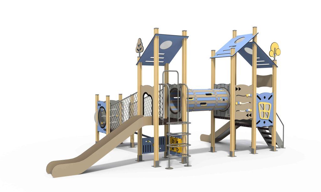 Safe playground equipment with climbing ramps, net bridges, and panel combination slides.