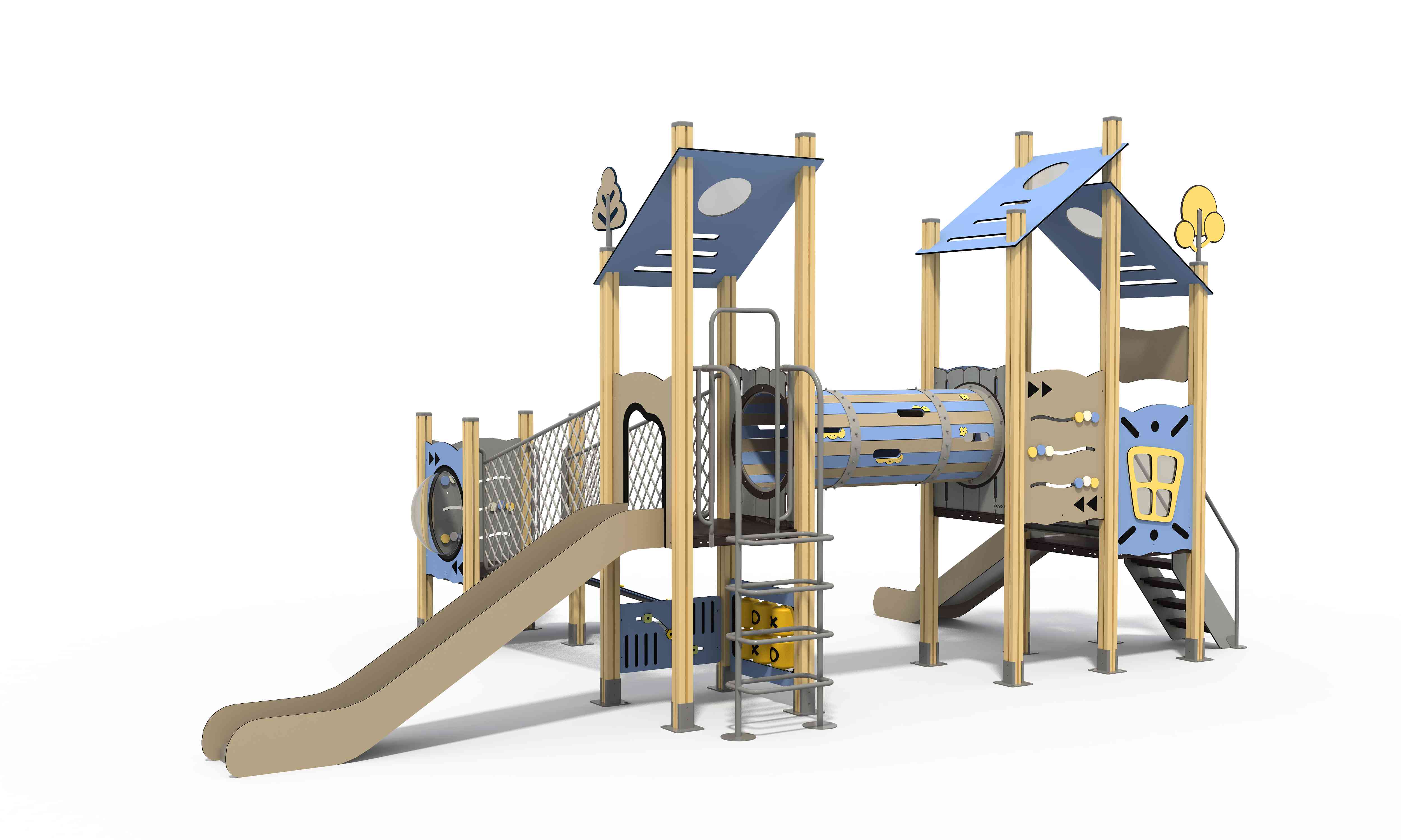 Safe playground equipment with climbing ramps, net bridges, and panel combination slides.