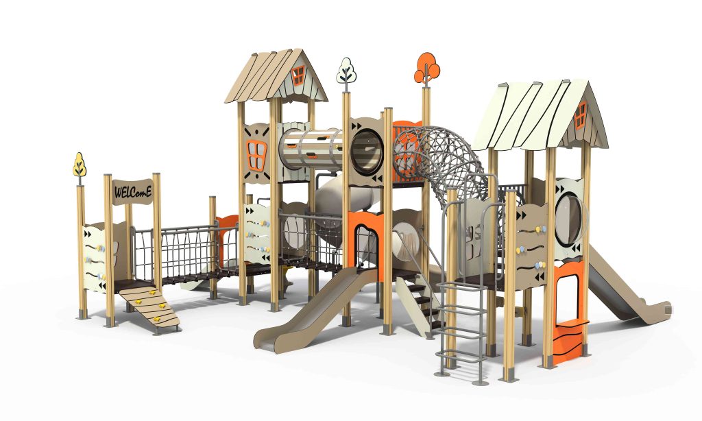 Multi-tower HPL playground structure featuring interconnected climbing nets and tube slides.