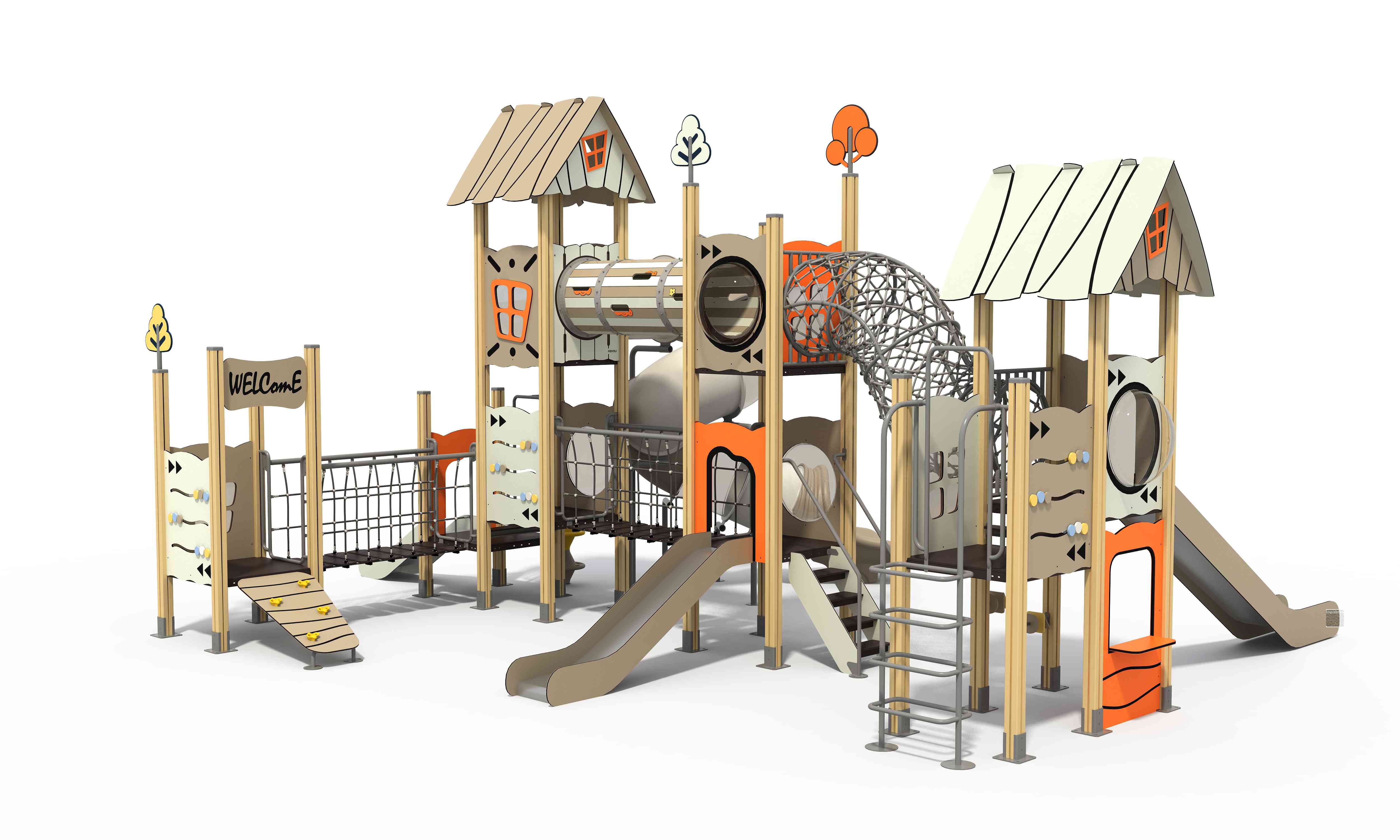 Multi-tower HPL playground structure featuring interconnected climbing nets and tube slides.