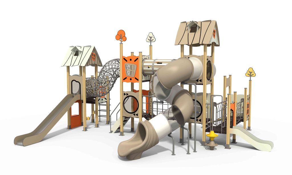 Nature-inspired playground equipment with forest-themed accents for active exploration.